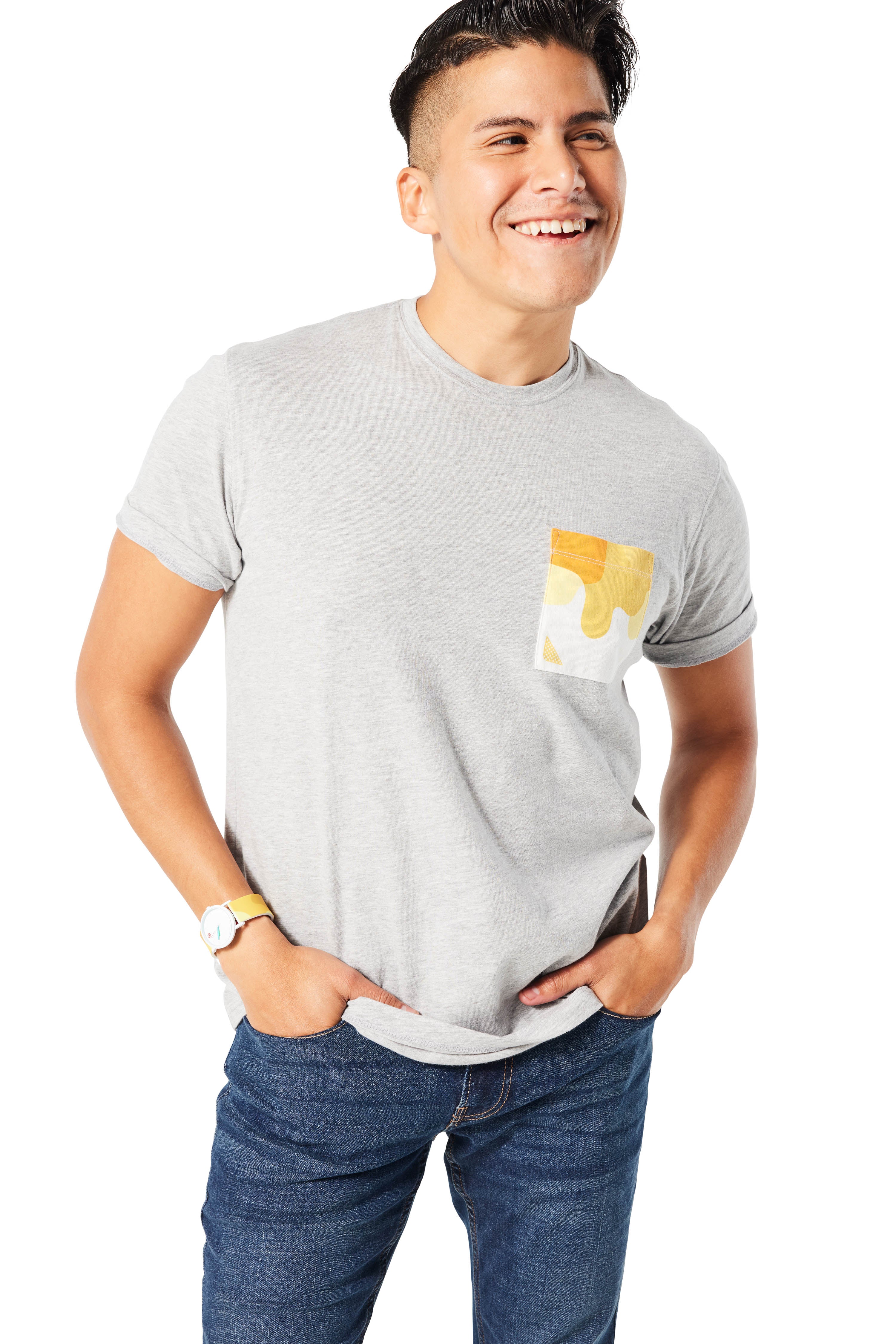 Gray and yellow Sauce Drip Pocket Tee - Honey Mustard on man with brunette hair