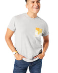 Gray and yellow Sauce Drip Pocket Tee - Honey Mustard on man with brunette hair