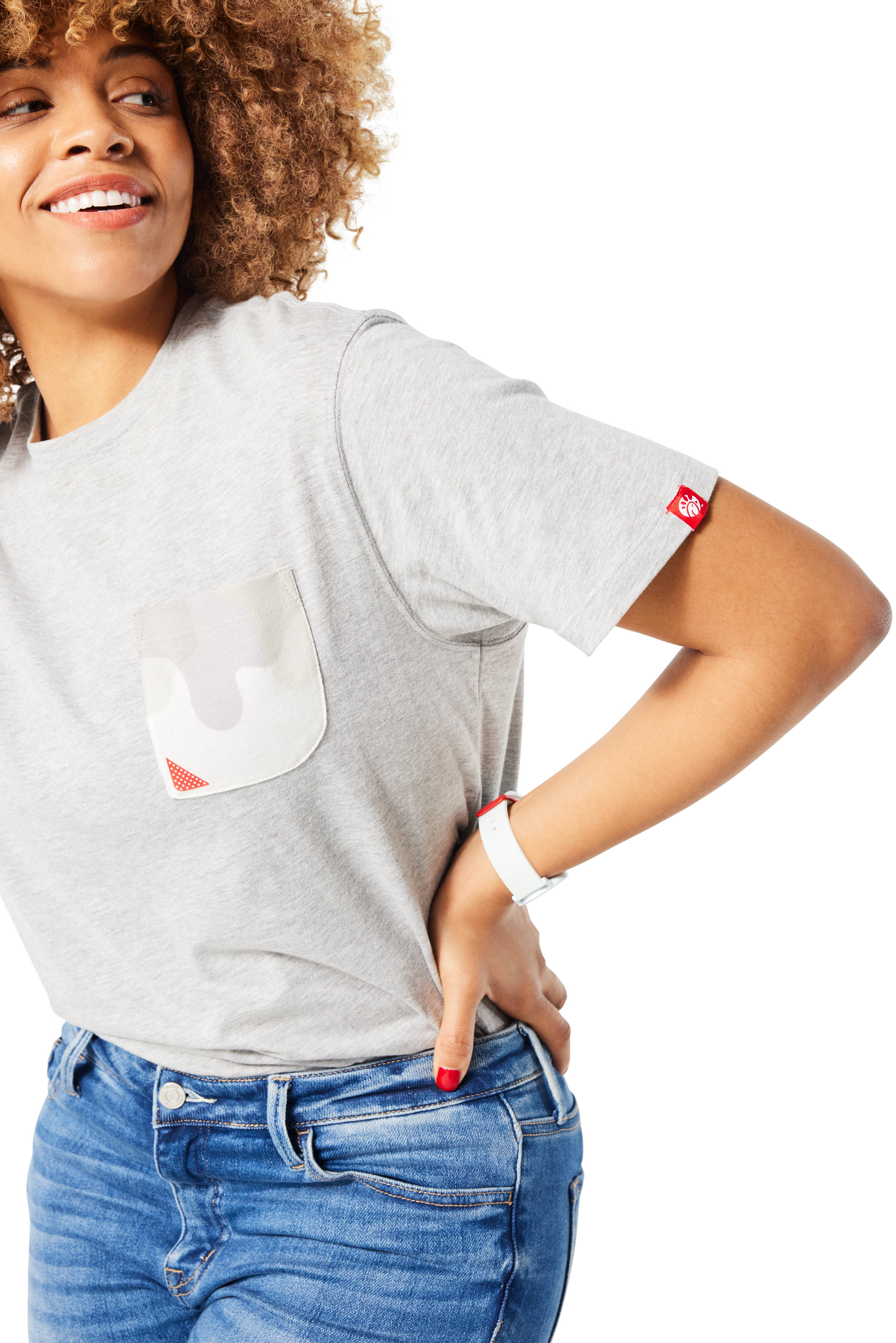 Gray Sauce Drip Pocket Tee - Chick-fil-A  on woman with brunette hair