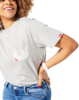 Gray Sauce Drip Pocket Tee - Chick-fil-A  on woman with brunette hair