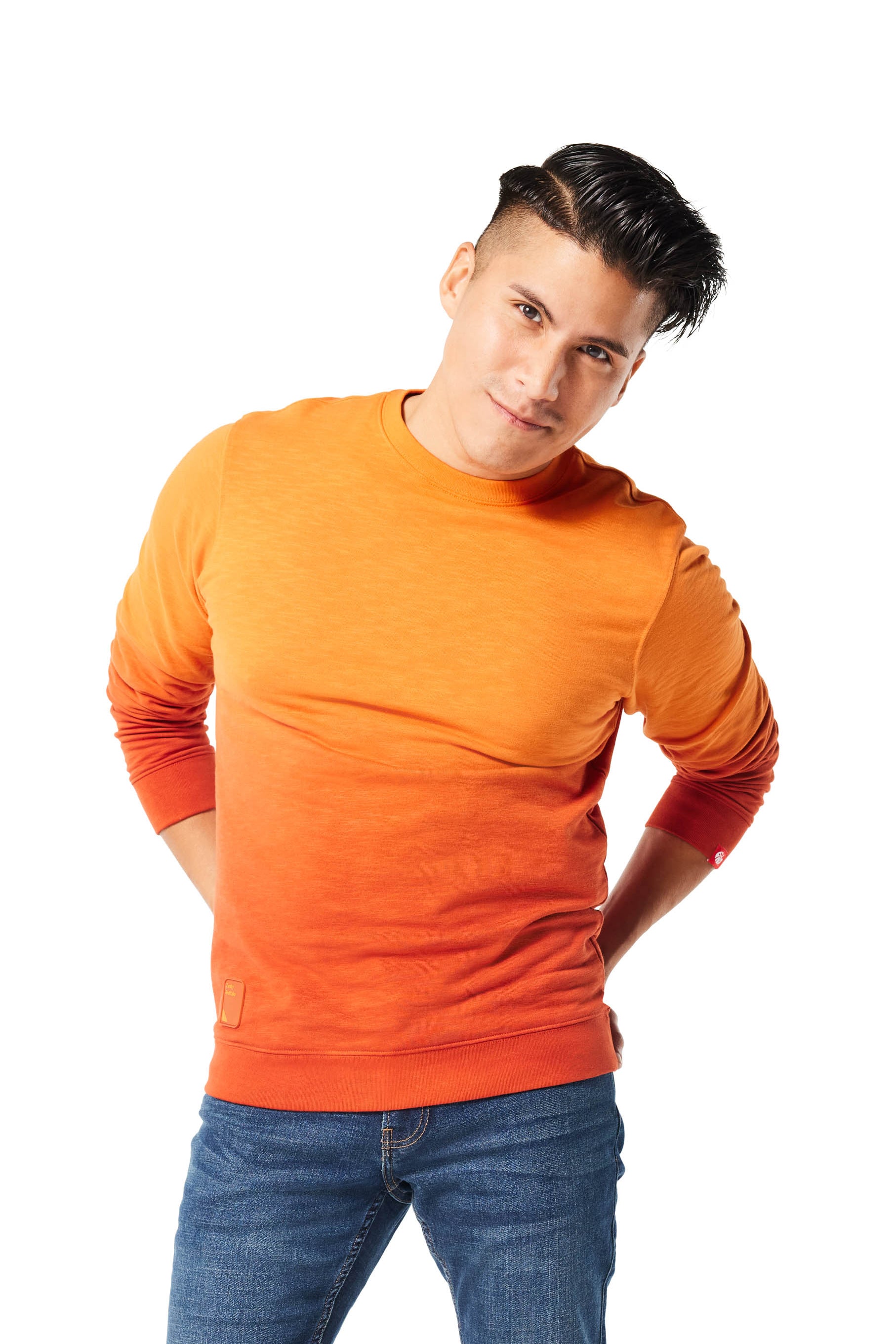 Man standing wearing orange Ombre Crewneck