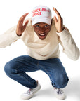 Man wearing white Trucker Hat with Chick-fil-A Sauce printed in red