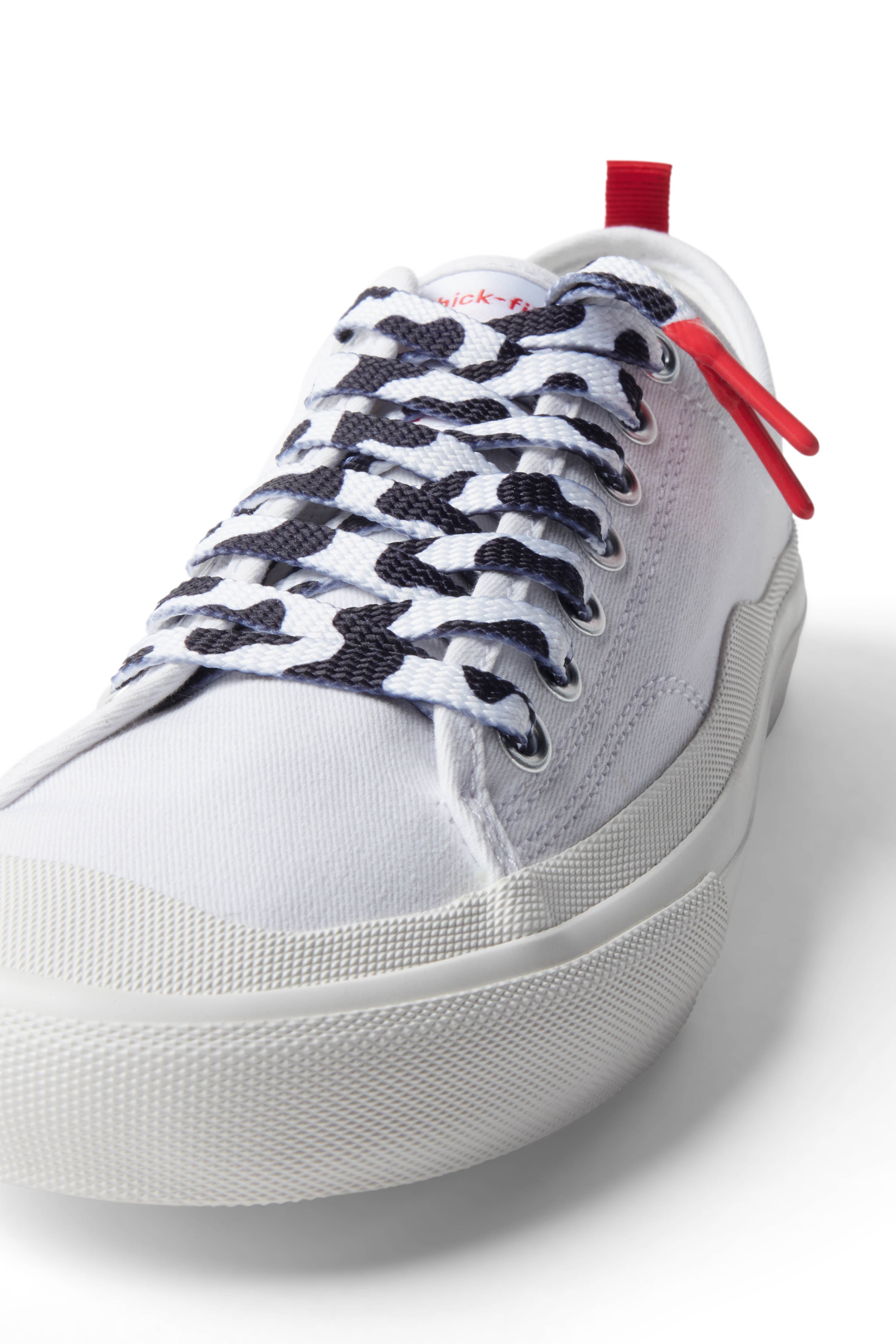 Cow Print Shoelace laced up on white shoe