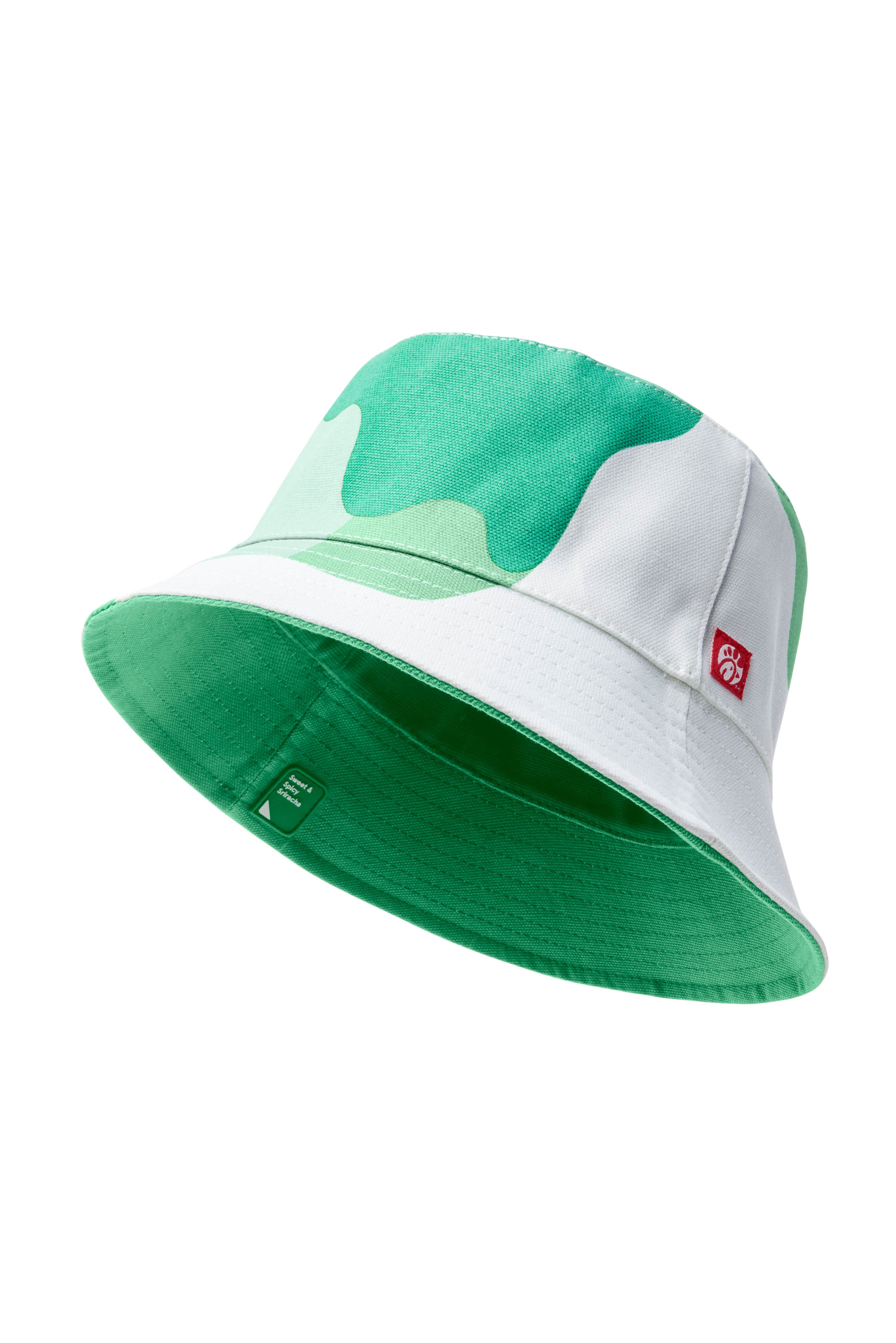 Single Green/Sweet &amp; Spicy Sriracha Sauce Reversible Bucket Hat with drip pattern on exterior and solid color on interior