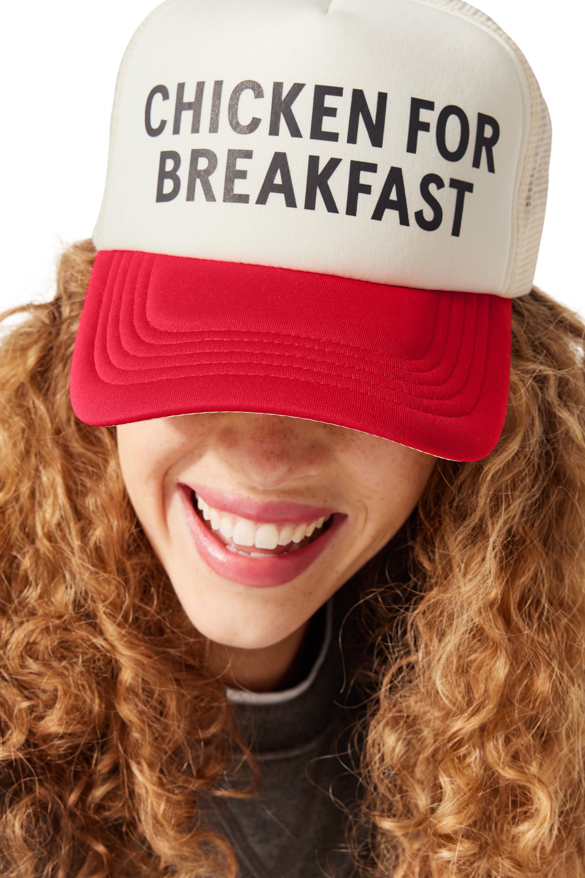 Chicken for Breakfast Trucker Hat on girl with strawberry blonde curly hair