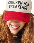 Chicken for Breakfast Trucker Hat on girl with strawberry blonde curly hair