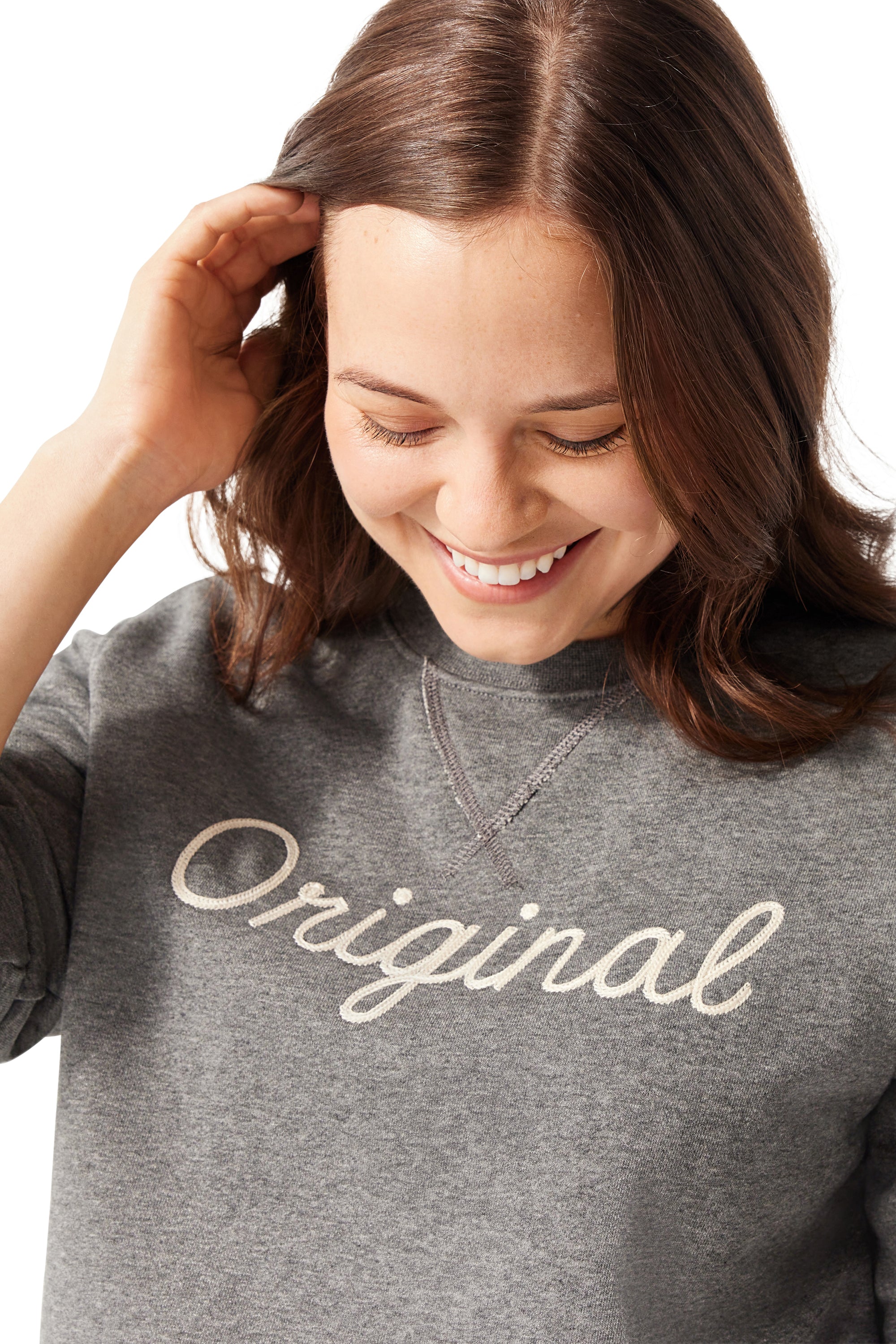 Closeup of woman wearing Original Crewneck