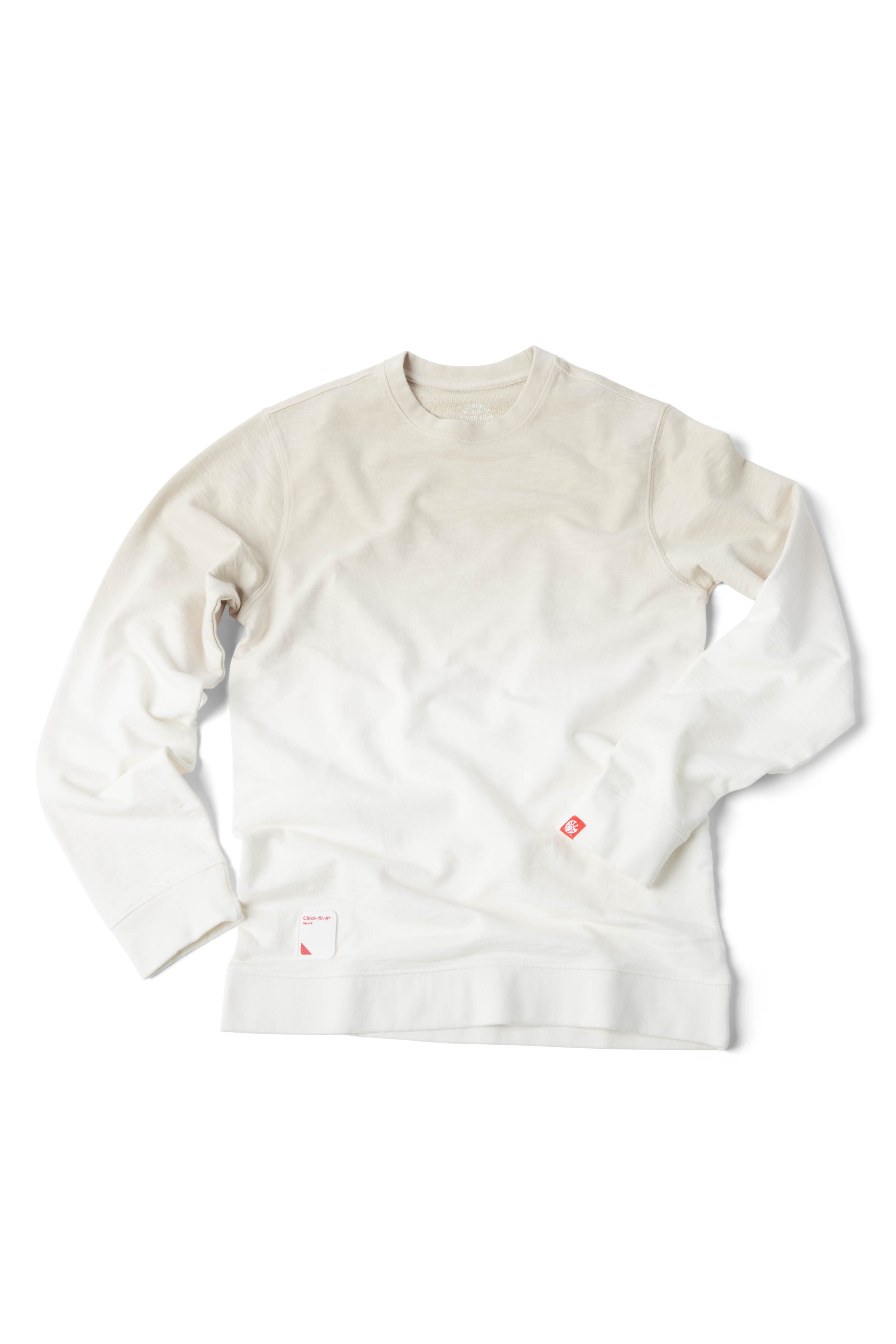 Overhead photograph of the Chick-fil-A Sauce Ombre Crewneck in gray/white