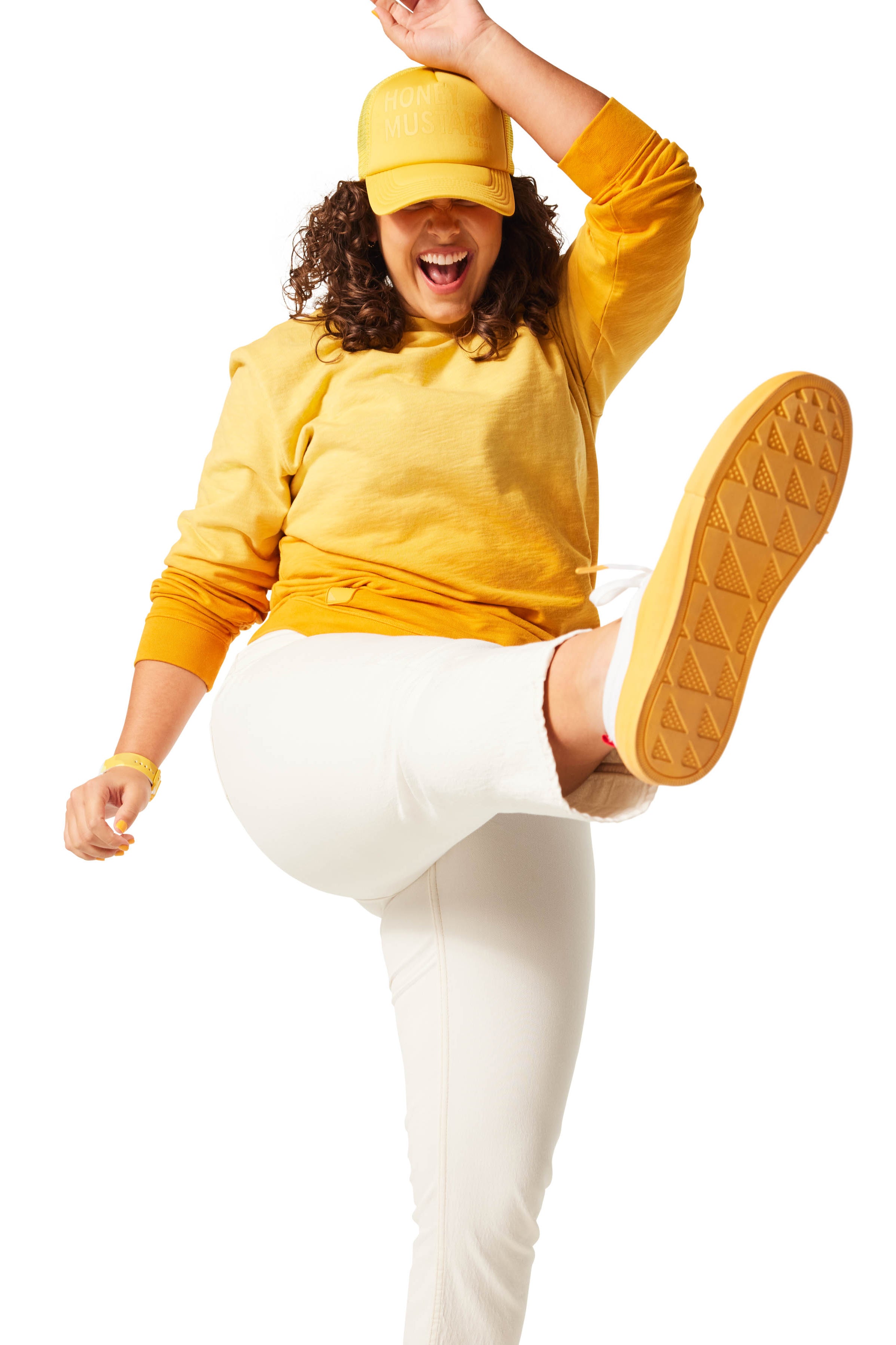 Yellow Ombre Crewneck - Honey Mustard on woman with brunette hair and wearing yellow Dipped Kicks