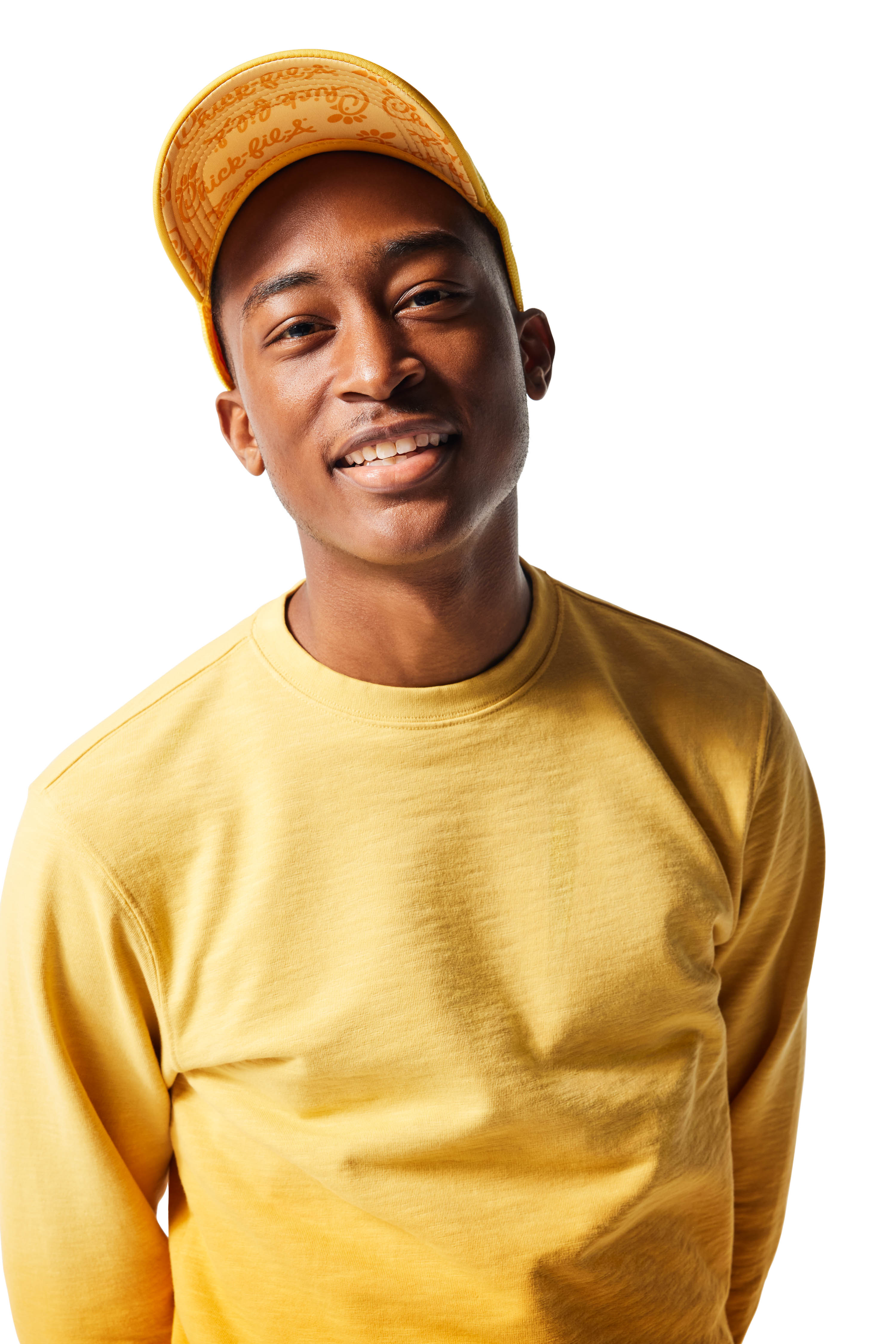 Yellow Trucker Hat on man with head tilted up displaying tone-on-tone yellow underbill