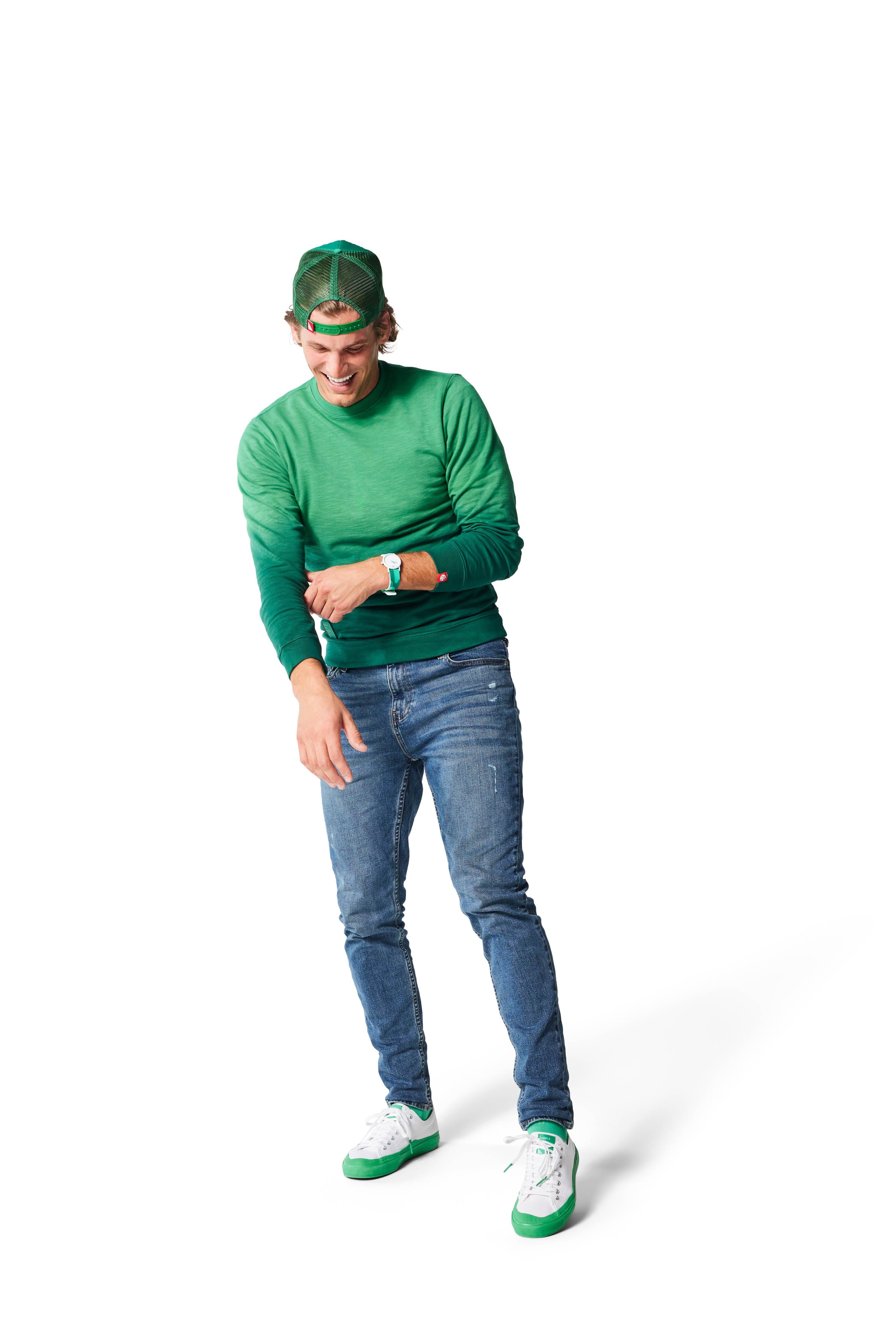 Man wearing green Ombre Crewneck with green Dipped Kicks shoes and green Trucker Hat