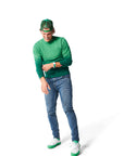 Man wearing green Ombre Crewneck with green Dipped Kicks shoes and green Trucker Hat