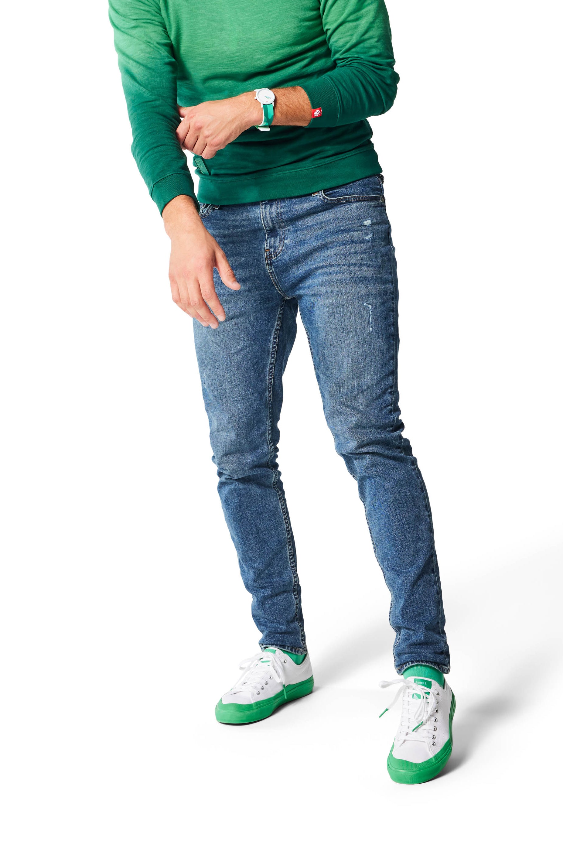 Man wearing green Ombre Crewneck with green Dipped Kicks shoes and green Trucker Hat