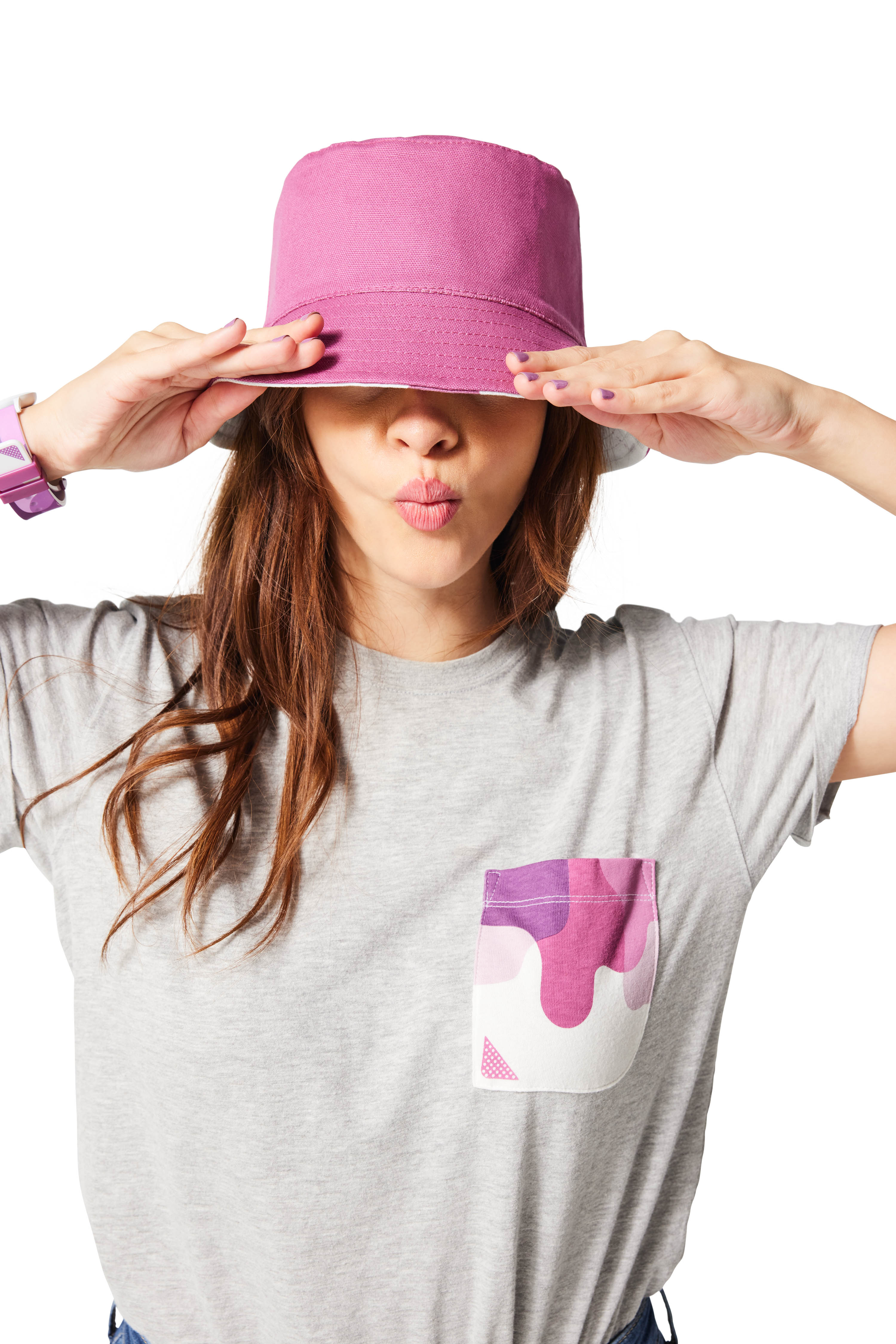 Purple/Polynesian Sauce Reversible Bucket Hat on girl with brunette hair