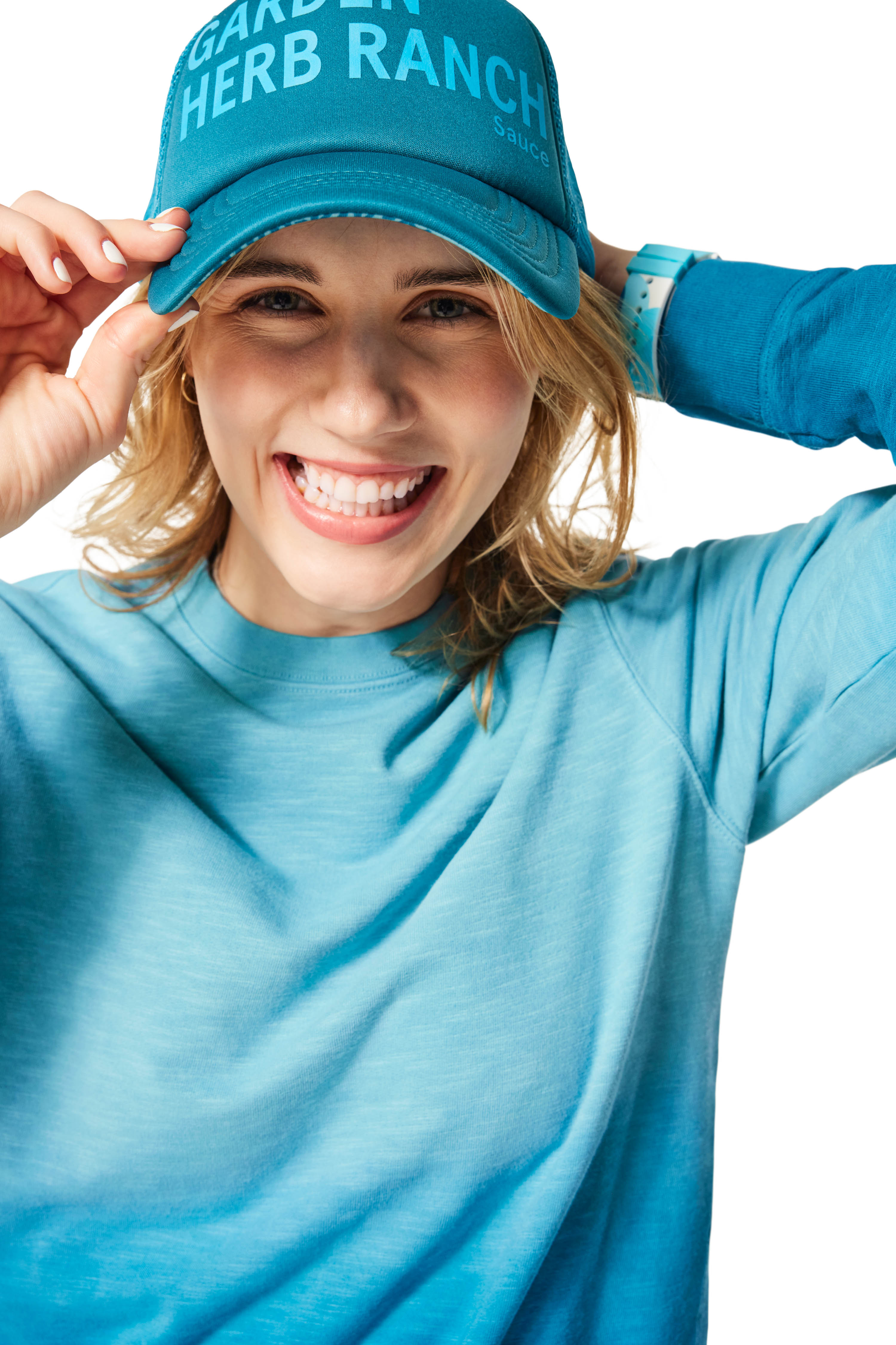 Blue Trucker Hat - Garden Herb Ranch on woman with blonde hair