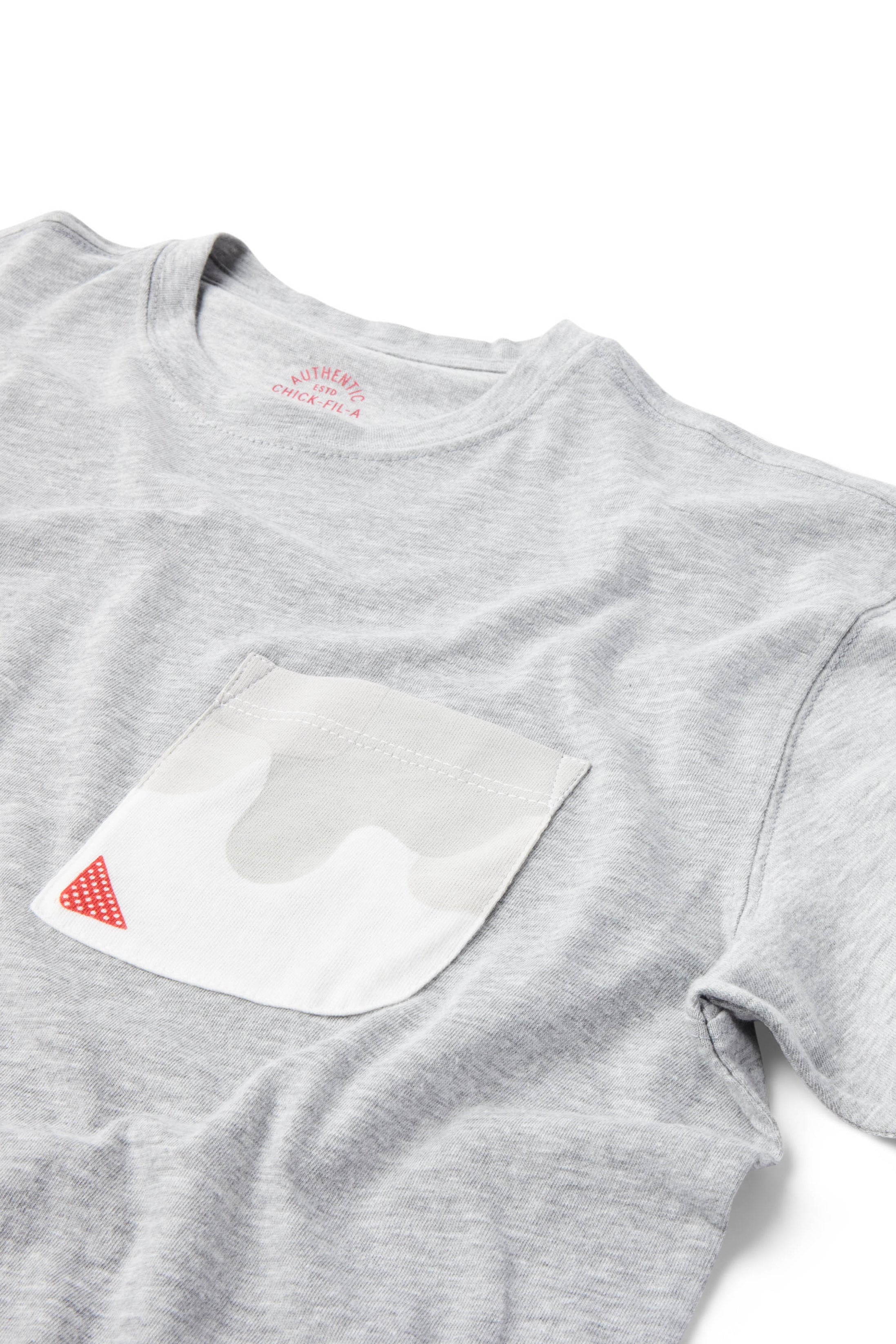 Closeup of gray and white Sauce Drip Pocket Tee - Chick-fil-A Sauce