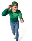 Man walking wearing green Ombre Crewneck with green Dipped Kicks shoes and green Trucker Hat