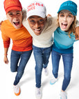 Group of 3 people wearing orange, white/gray, and blue Ombre Crewnecks and Trucker Hats