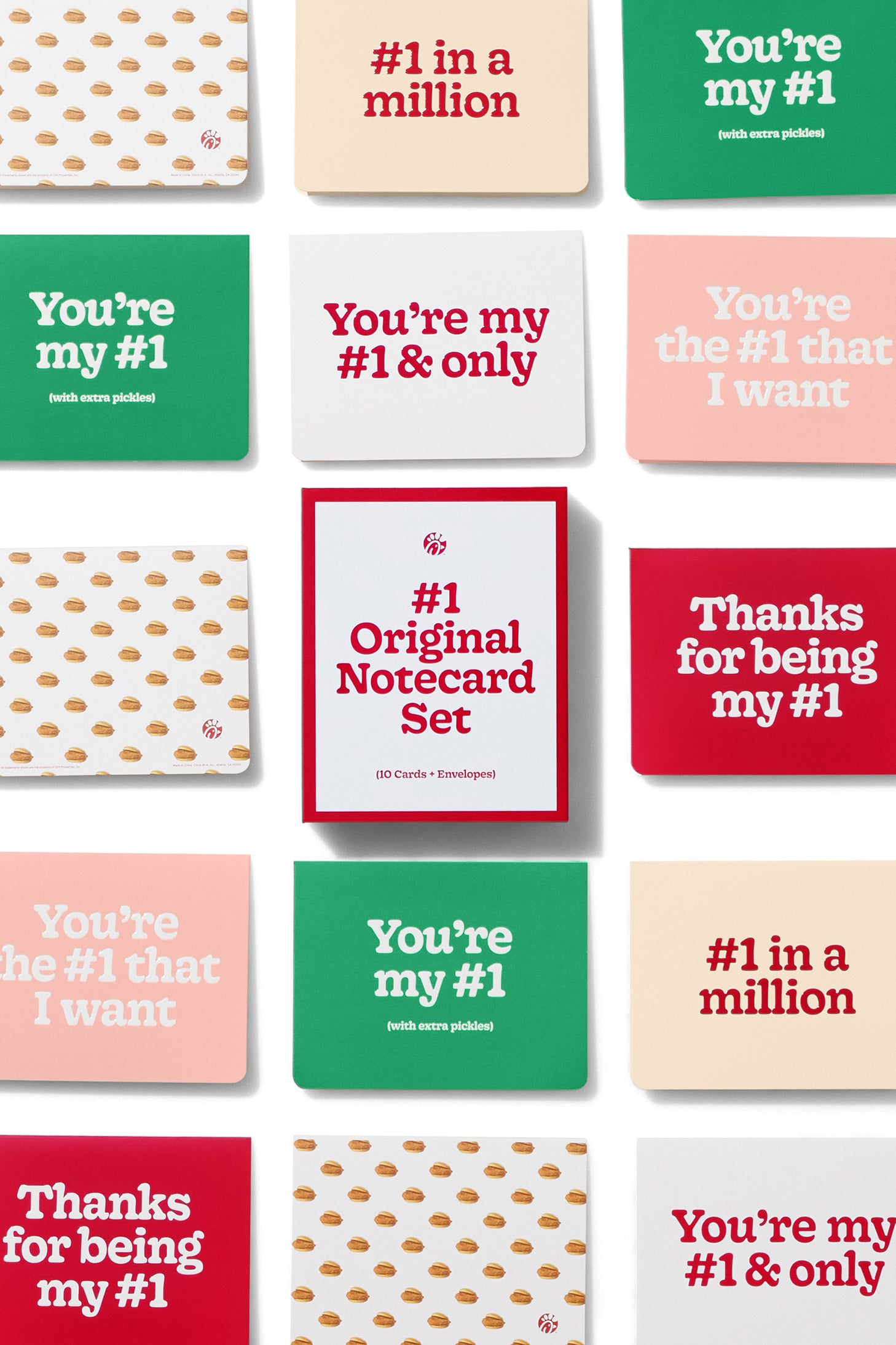 Cards from the #1 Original Notecard Set laid out in rows displaying all the messages and designs