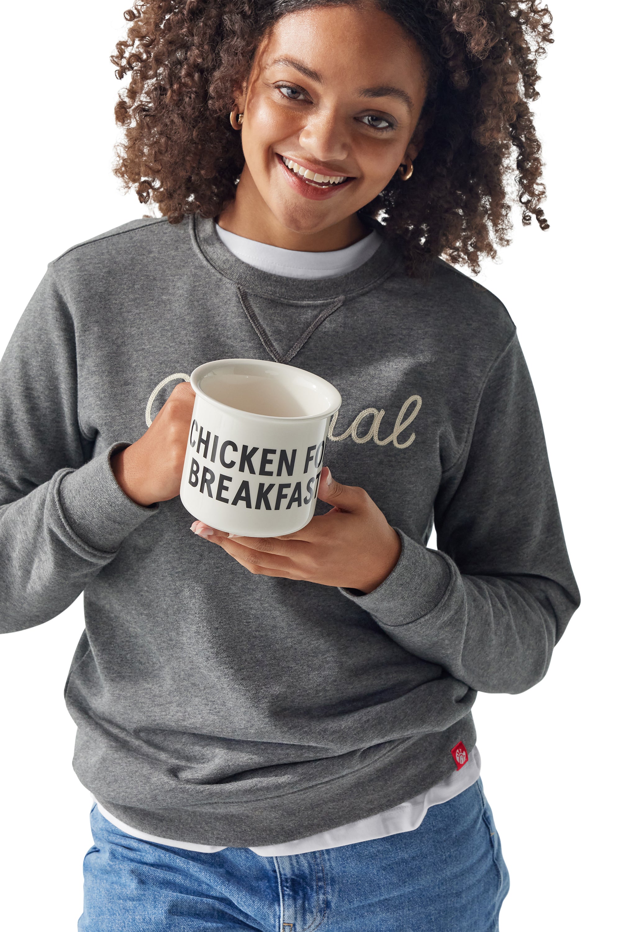 Girl wearing Original Crewneck and holding Chicken for Breakfast Camper Mug