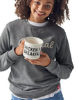 Girl wearing Original Crewneck and holding Chicken for Breakfast Camper Mug