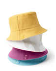 Yellow, gray/white, purple, and blue stack of Reversible Bucket Hats