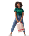 Woman wearing Pickle Pickle Tee and holding Chick-fil-A™ Original Bucket Tote