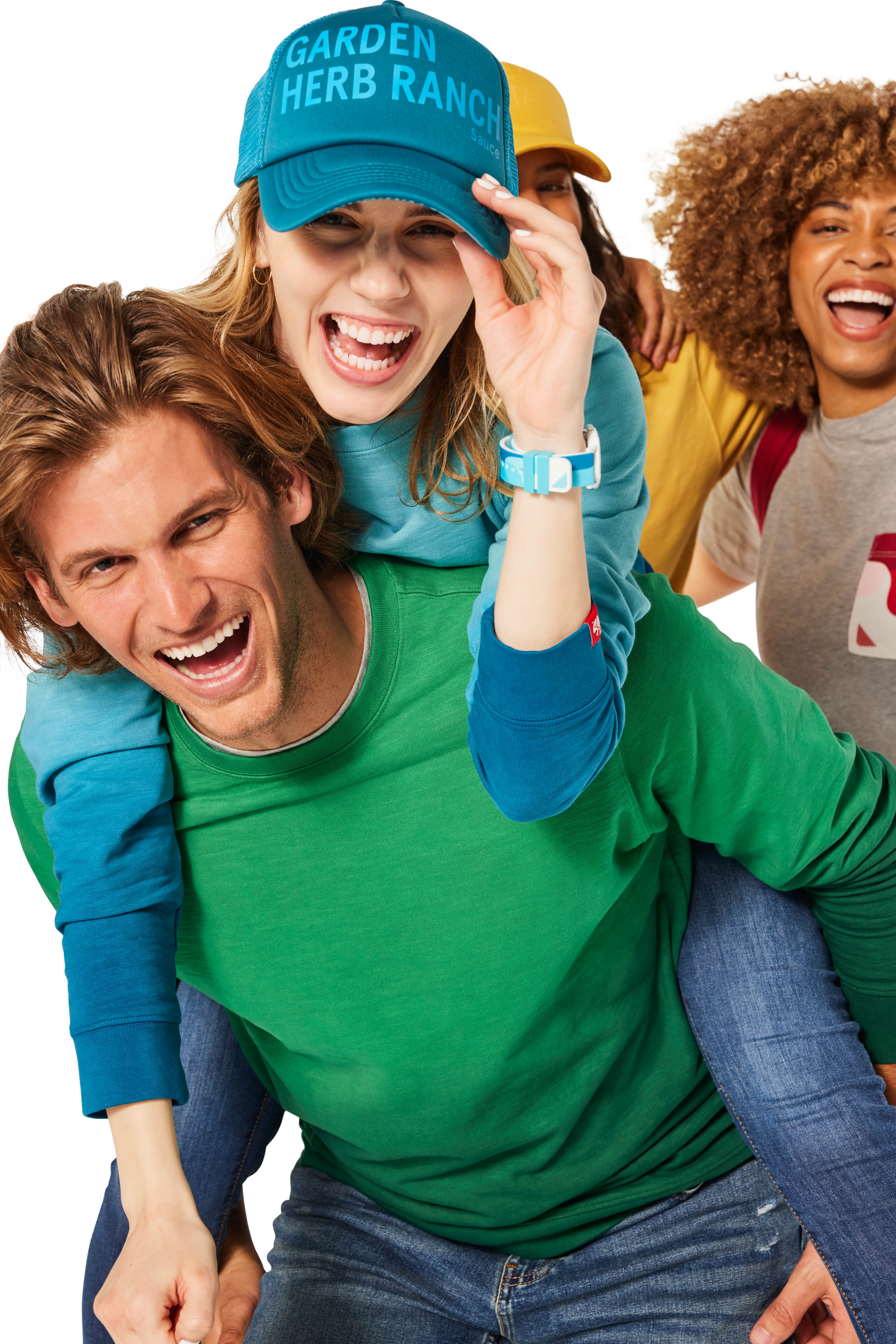 Woman wearing blue Garden Herb Ranch Trucker Hat and Drip Watch with man wearing green Ombre Crewneck