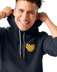 Man adjusting hood on I Heart Waffle Fries Hoodie