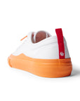 Back view of single Dipped Kicks white shoes with orange soles and red back tag