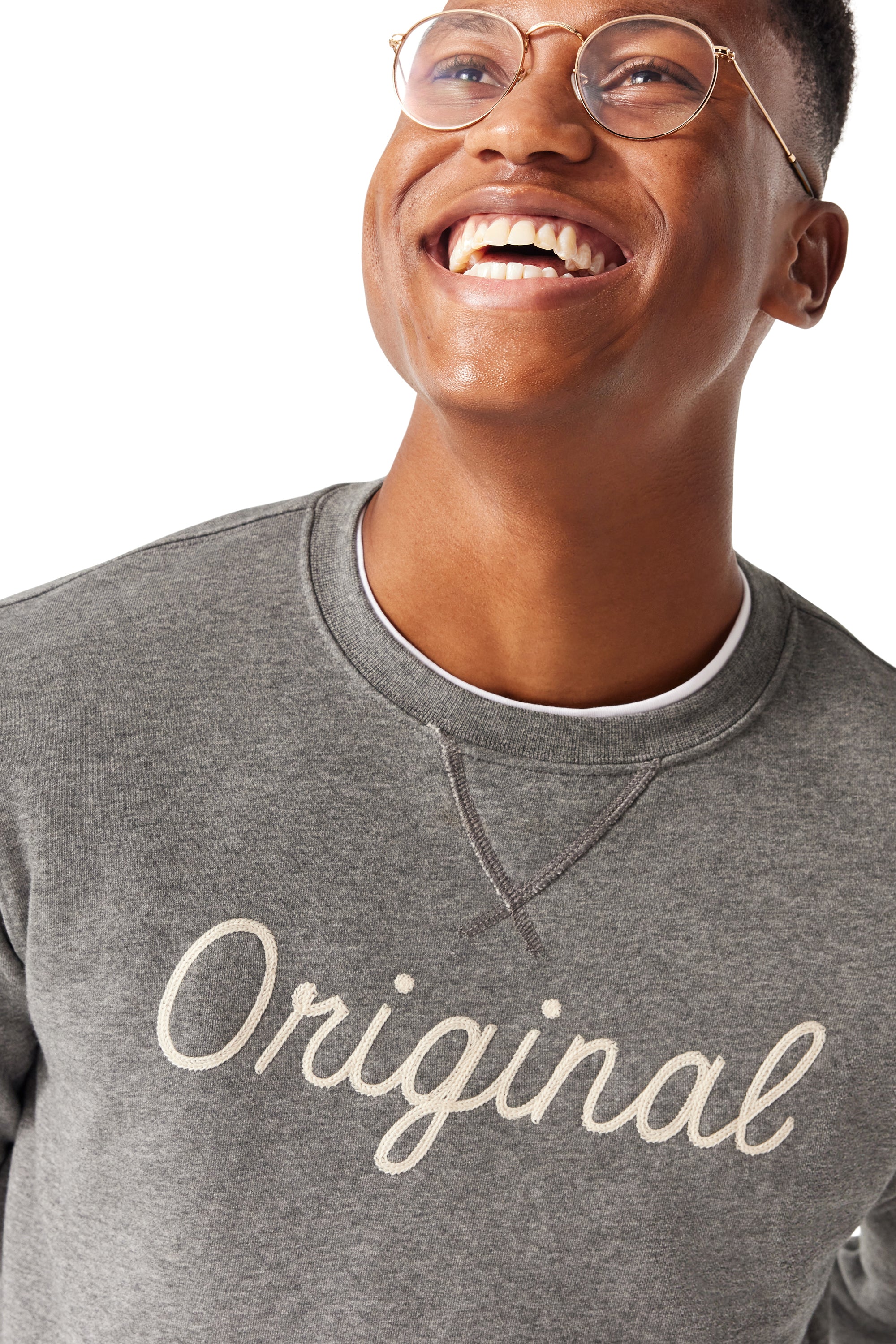 Closeup of man wearing Original Crewneck