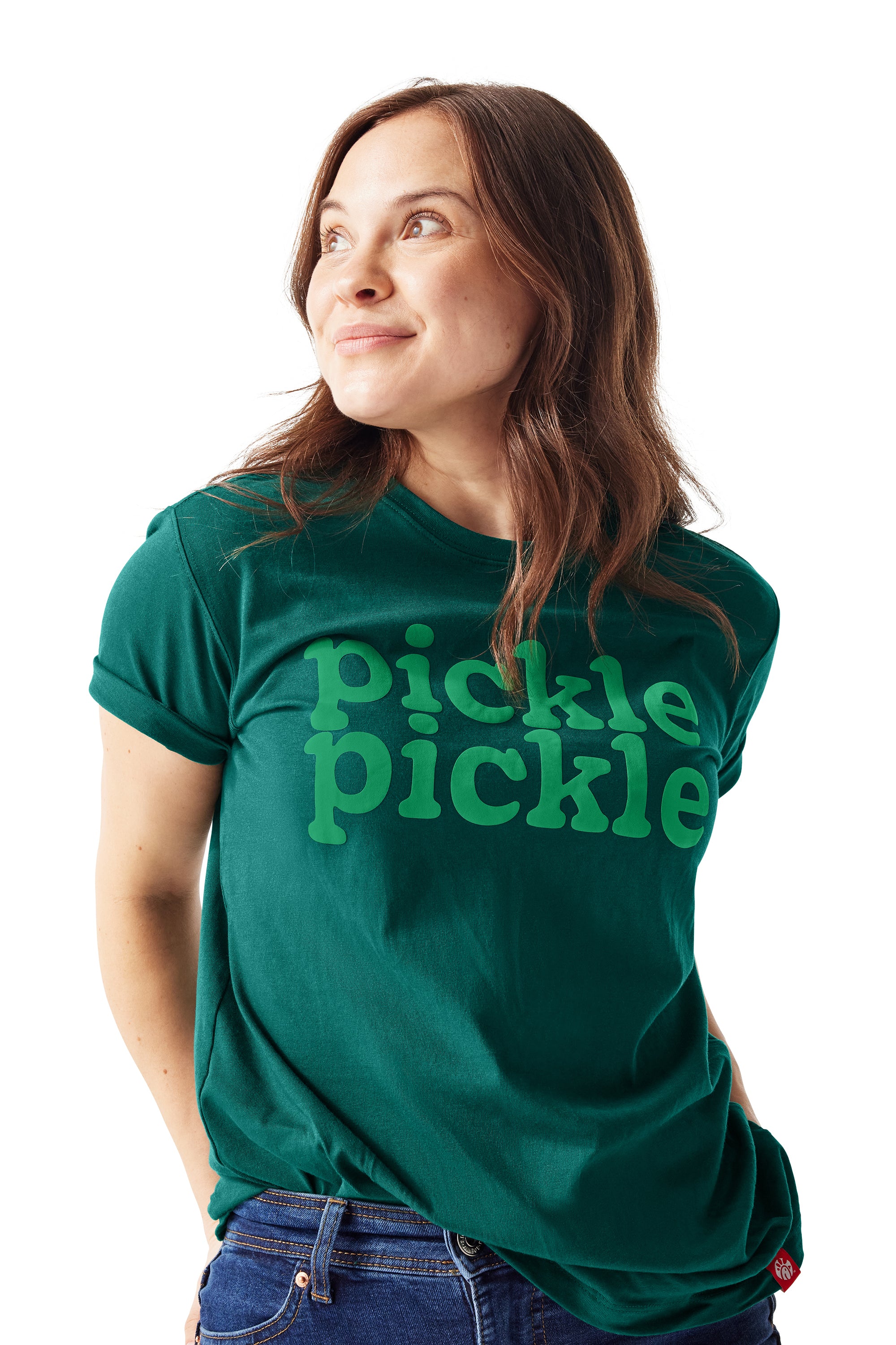 Woman looking away from camera and wearing Pickle Pickle Tee