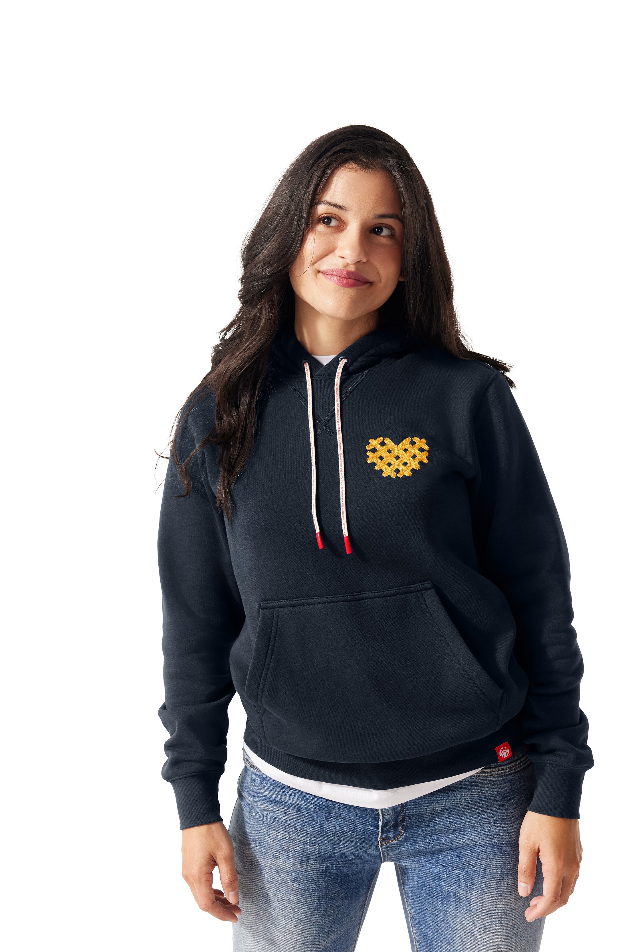 Navy blue I Heart Waffle Fries Hoodie on girl with brunette hair