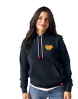 Navy blue I Heart Waffle Fries Hoodie on girl with brunette hair