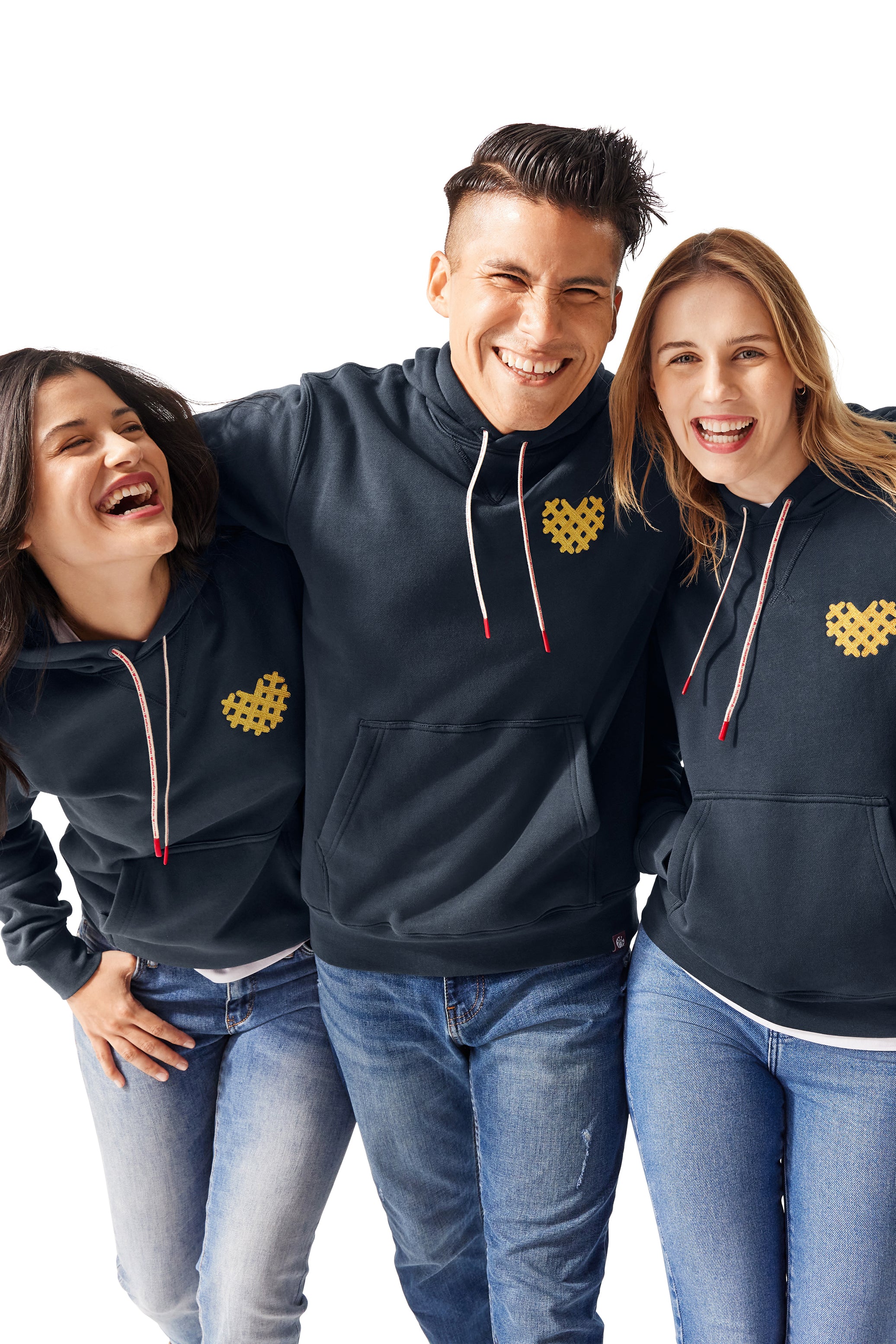 Two women and one man wearing I Heart Waffle Fries Hoodie