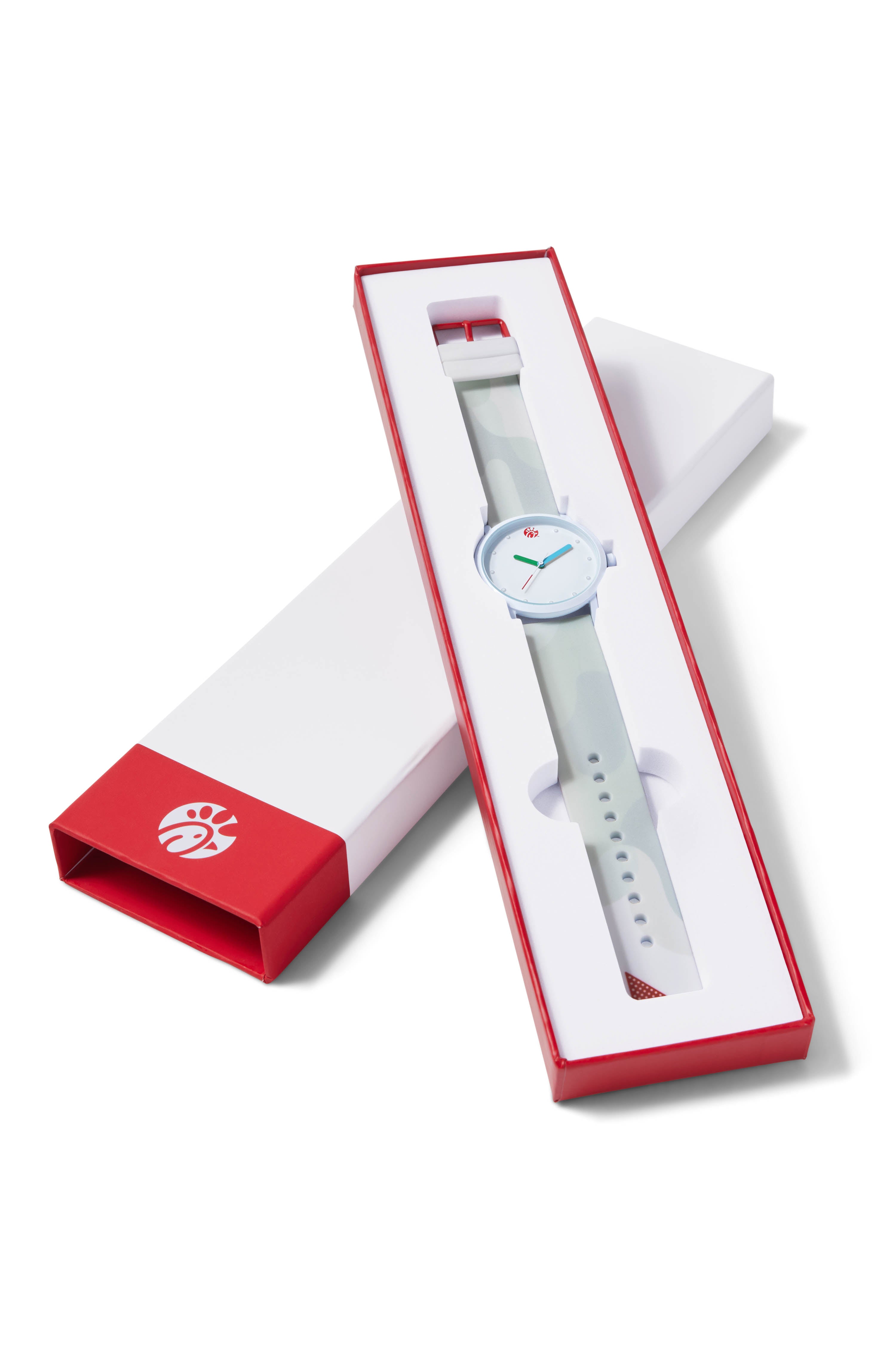 Closeup of white Sauce Drip Watch - Chick-fil-A Sauce in red and white packaging