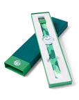 Closeup of green Sauce Drip Watch - Sweet & Spicy Sriracha in green packaging