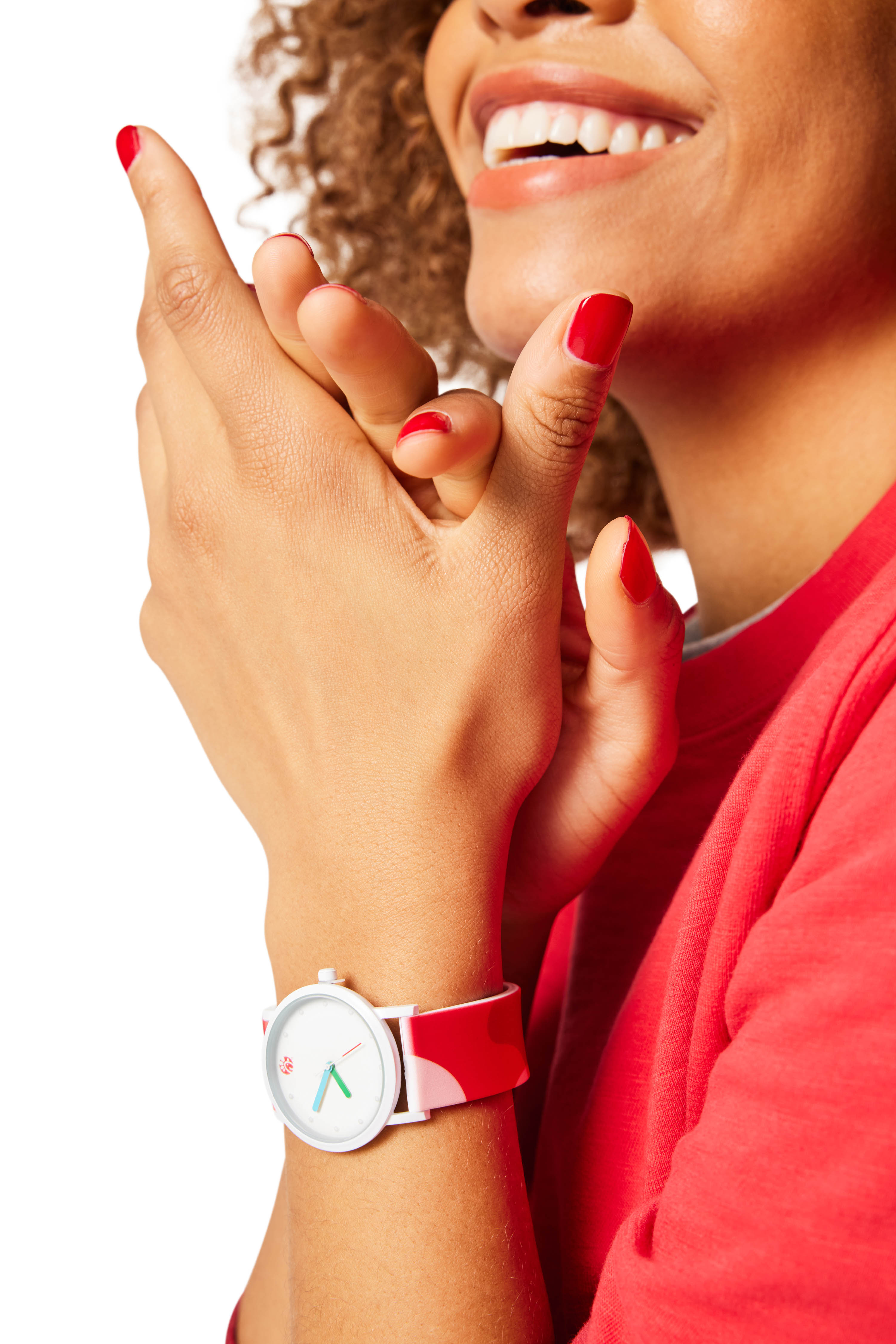 Closeup of model&#39;s  wrist wearing red/Barbeque Sauce Drip Watch