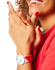 Closeup of model's  wrist wearing red/Barbeque Sauce Drip Watch